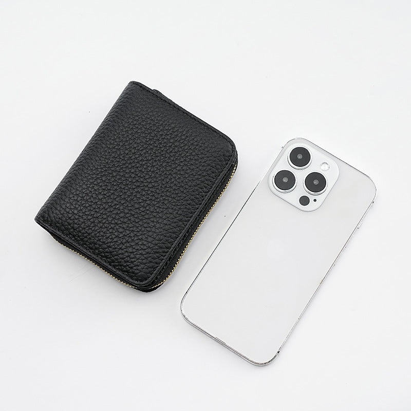 Grey Compact RFID Genuine Leather Wallet for Women - Secure Zipper Card Holder & Coin Purse