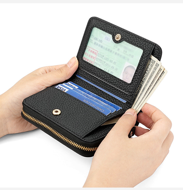 Grey Compact RFID Genuine Leather Wallet for Women - Secure Zipper Card Holder & Coin Purse