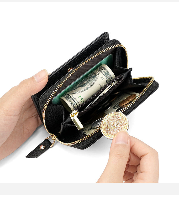 Grey Compact RFID Genuine Leather Wallet for Women - Secure Zipper Card Holder & Coin Purse