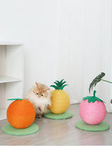 Pink Strawberry And Green Base Fun Fruit Shaped Sisal Cat Scratcher Ball - Durable Scratching Toy with Stable Base - Side View
