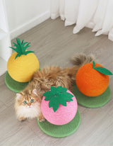 Pink Strawberry And Green Base Fun Fruit Shaped Sisal Cat Scratcher Ball - Durable Scratching Toy with Stable Base - Top-Down View