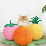 Pink Strawberry And Green Base Fun Fruit Shaped Sisal Cat Scratcher Ball - Durable Scratching Toy with Stable Base - 45-Degree Angle