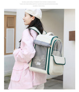 Beige And Black Spacious Pet Carrier Backpack with Clear Window - Comfortable Travel Bag for Cats & Small Dogs - Low Angle