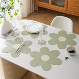 White Background With Yellow Heart + Blue Heart Set of 6 Reversible Flower Shaped Placemats - Waterproof PU Leather Dining Table Mats - Low Angle