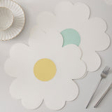 Blue Background With White Heart + Blue Background Set of 6 Reversible Flower Shaped Placemats - Waterproof PU Leather Dining Table Mats - Front View