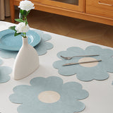 Blue Background With White Heart + Blue Background Set of 6 Reversible Flower Shaped Placemats - Waterproof PU Leather Dining Table Mats - Top-Down View