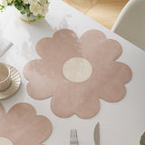 Blue Background With White Heart + Blue Background Set of 6 Reversible Flower Shaped Placemats - Waterproof PU Leather Dining Table Mats - Close-Up Angle
