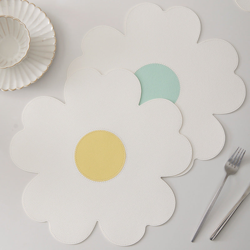 White Background With Blue Heart + Yellow Heart Set of 6 Reversible Flower Shaped Placemats - Waterproof PU Leather Dining Table Mats