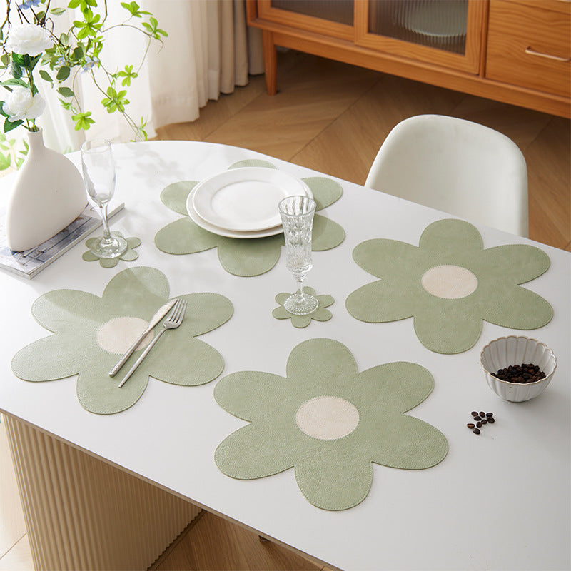 White Background With Blue Heart + Yellow Heart Set of 6 Reversible Flower Shaped Placemats - Waterproof PU Leather Dining Table Mats