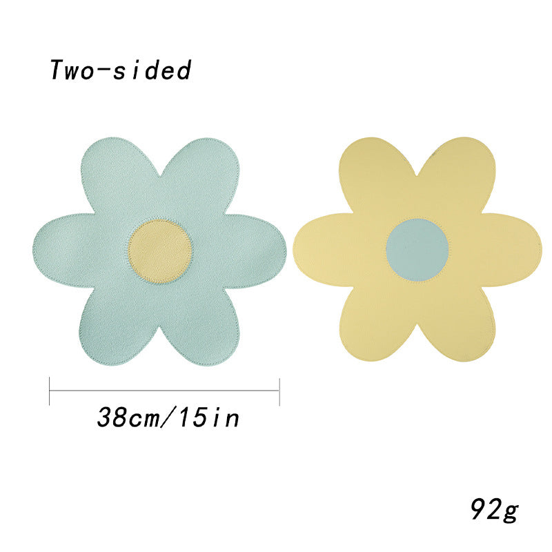 Blue Background With Yellow Heart + Yellow Background With Blue Heart Set of 6 Reversible Flower Shaped Placemats - Waterproof PU Leather Dining Table