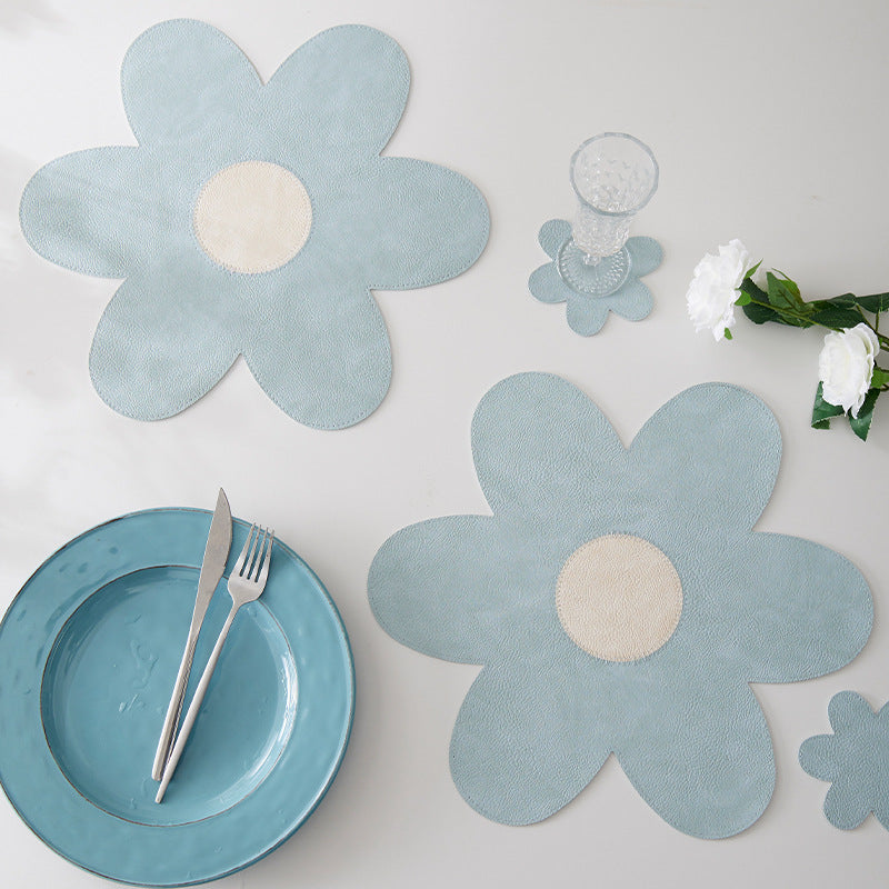 Blue Background With Yellow Heart + Yellow Background With Blue Heart Set of 6 Reversible Flower Shaped Placemats - Waterproof PU Leather Dining Table