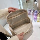 Black Large Capacity Double Layer PU Leather Makeup Bag - Portable Travel Cosmetic Organizer Case - Close-Up Angle