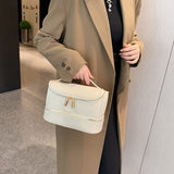 Beige Large Capacity Double Layer PU Leather Makeup Bag - Portable Travel Cosmetic Organizer Case - Front View