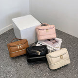 Beige Large Capacity Double Layer PU Leather Makeup Bag - Portable Travel Cosmetic Organizer Case - Side View