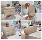 Beige Large Capacity Double Layer PU Leather Makeup Bag - Portable Travel Cosmetic Organizer Case - Top-Down View