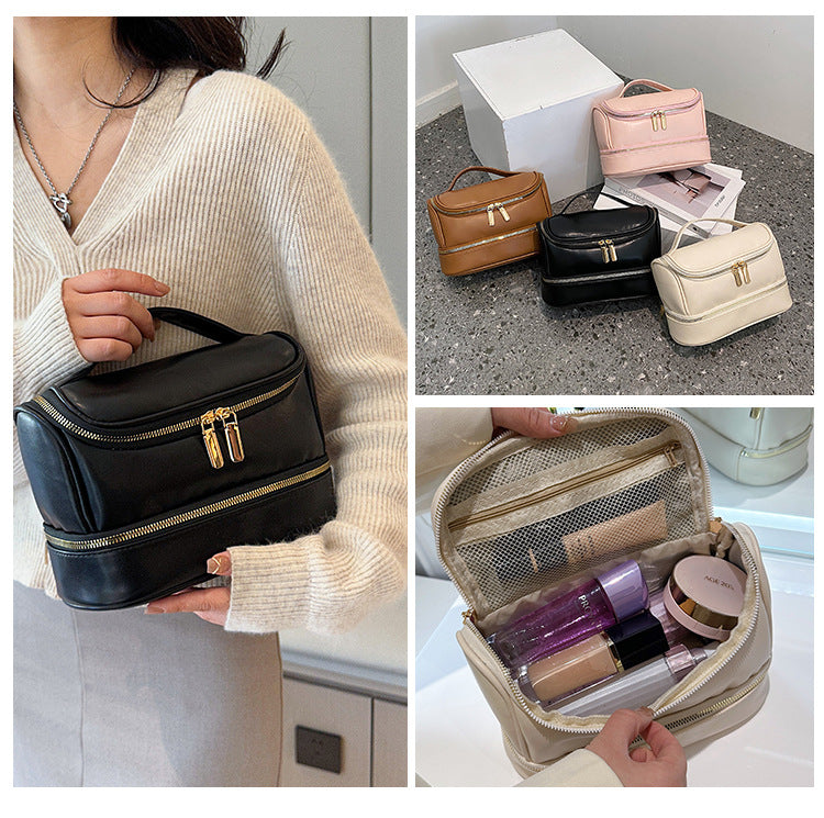 Beige Large Capacity Double Layer PU Leather Makeup Bag - Portable Travel Cosmetic Organizer Case