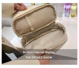 Beige Large Capacity Double Layer PU Leather Makeup Bag - Portable Travel Cosmetic Organizer Case - Low Angle
