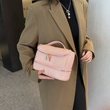 Pink Large Capacity Double Layer PU Leather Makeup Bag - Portable Travel Cosmetic Organizer Case - Front View