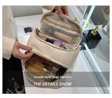 Pink Large Capacity Double Layer PU Leather Makeup Bag - Portable Travel Cosmetic Organizer Case