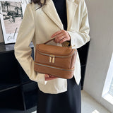 Brown Large Capacity Double Layer PU Leather Makeup Bag - Portable Travel Cosmetic Organizer Case - Front View