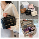 Brown Large Capacity Double Layer PU Leather Makeup Bag - Portable Travel Cosmetic Organizer Case
