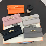 Black Elegant Women's Turn Lock Long Wallet - Black PU Leather Clutch Purse with Card Slots & Zipper Pocket - Front View