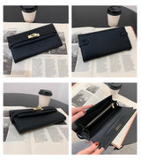 Black Elegant Women's Turn Lock Long Wallet - Black PU Leather Clutch Purse with Card Slots & Zipper Pocket - Side View