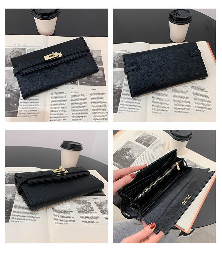 Grey Elegant Women's Turn Lock Long Wallet - Black PU Leather Clutch Purse with Card Slots & Zipper Pocket