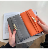 Grey Elegant Women's Turn Lock Long Wallet - Black PU Leather Clutch Purse with Card Slots & Zipper Pocket