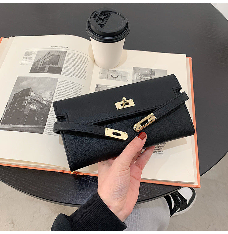 Grey Elegant Women's Turn Lock Long Wallet - Black PU Leather Clutch Purse with Card Slots & Zipper Pocket