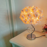 Pink Roses And Silver Base Romantic Red Rose Flower Table Lamp - Crystal Heart Accent Bedside Night Light