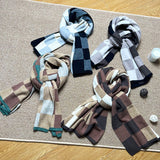 Black,Grey And Beige Unisex Retro Checkered Knit Scarf - Soft Thick Winter Shawl Wrap - Front View