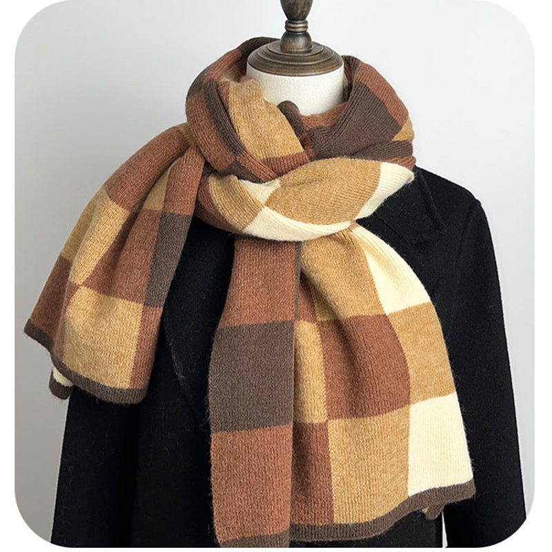 Black,Grey And Beige Unisex Retro Checkered Knit Scarf - Soft Thick Winter Shawl Wrap