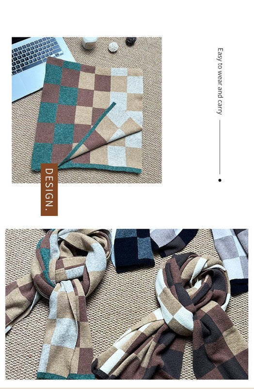 Black,Grey And Beige Unisex Retro Checkered Knit Scarf - Soft Thick Winter Shawl Wrap