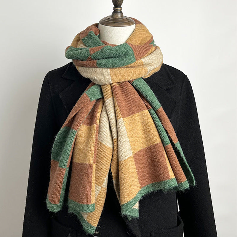 Black,Grey And Beige Unisex Retro Checkered Knit Scarf - Soft Thick Winter Shawl Wrap