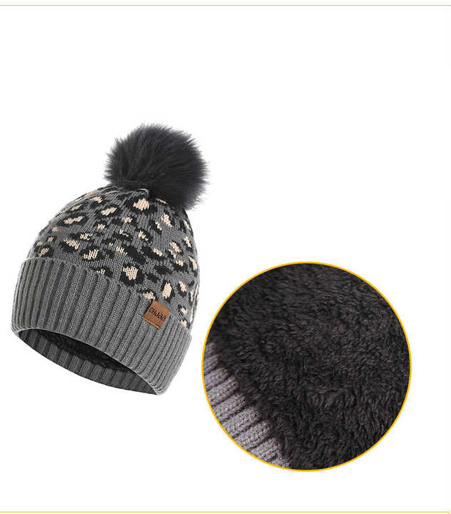 Dark Grey Women's 3-Piece Winter Knit Set - Leopard Print Plush Lined Beanie Hat, Scarf & Touchscreen Gloves