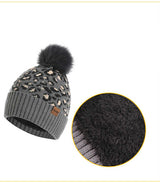 Dark Grey Women's 3-Piece Winter Knit Set - Leopard Print Plush Lined Beanie Hat, Scarf & Touchscreen Gloves - Rear View