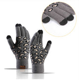 Dark Grey Women's 3-Piece Winter Knit Set - Leopard Print Plush Lined Beanie Hat, Scarf & Touchscreen Gloves - Low Angle