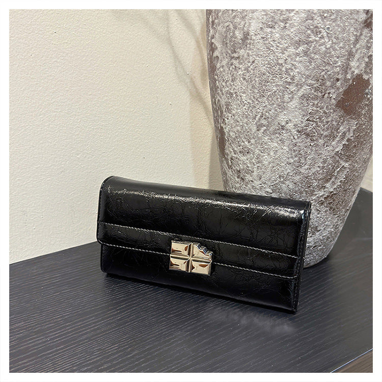 Black Elegant Women's RFID Blocking Long Wallet - PU Leather Clutch Purse with Clasp