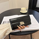 Black Elegant Women's RFID Blocking Long Wallet - PU Leather Clutch Purse with Clasp - Front View