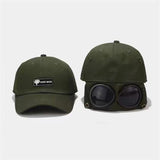Black Stylish Aviator Goggle Baseball Cap - Unisex Outdoor Cotton Sun Hat - Top-Down View