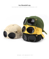 Yellow Stylish Aviator Goggle Baseball Cap - Unisex Outdoor Cotton Sun Hat - Front View