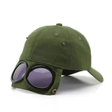 Army Green Stylish Aviator Goggle Baseball Cap - Unisex Outdoor Cotton Sun Hat - 45-Degree Angle