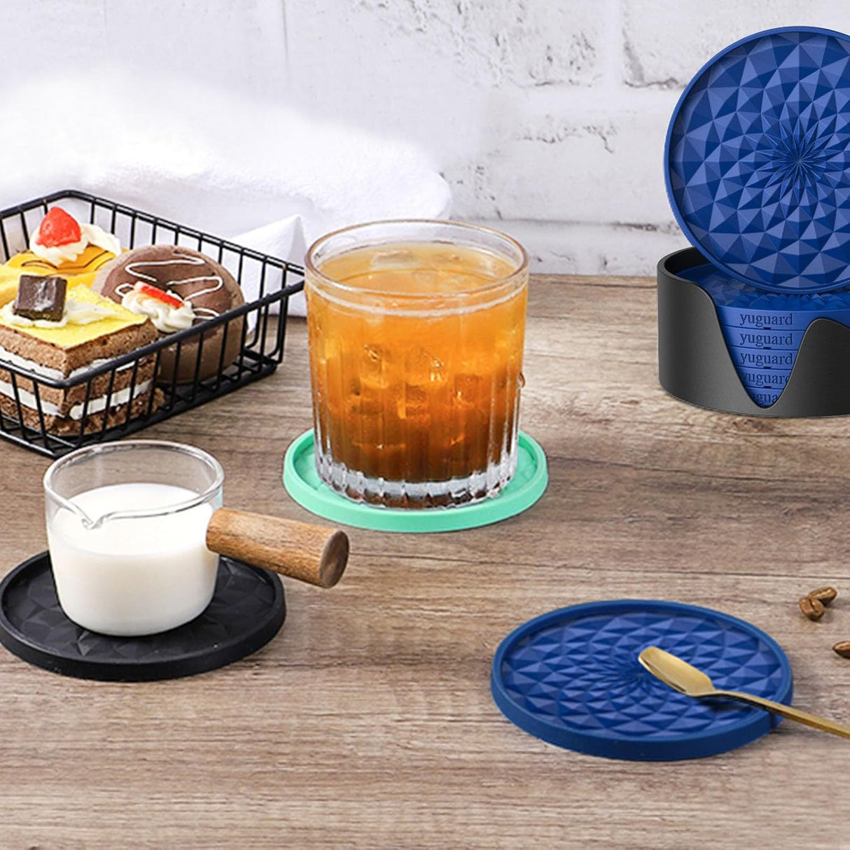 Green and Black Geometric Silicone Drink Coasters Set (6 Pack) with Holder - Non-Slip Table Protectors
