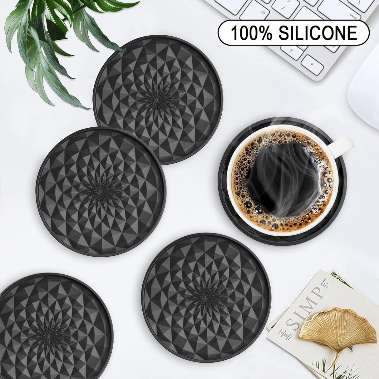 Red and Black Geometric Silicone Drink Coasters Set (6 Pack) with Holder - Non-Slip Table Protectors