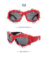 Red Edgy Punk Rock Spiked Sunglasses - Statement Goth Studded Eyewear - Front View