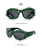 Green Edgy Punk Rock Spiked Sunglasses - Statement Goth Studded Eyewear - Front View