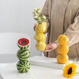 Yellow Zesty Stacked Lemon Ceramic Vase - Cheerful Nordic Tabletop Decor - Front View