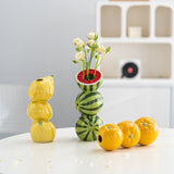 Yellow Zesty Stacked Lemon Ceramic Vase - Cheerful Nordic Tabletop Decor - Side View