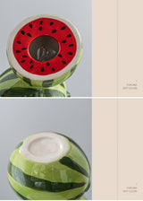 Green and Red Whimsical Stacked Watermelon Ceramic Vase - Novelty Tabletop Decor - Close-Up Angle